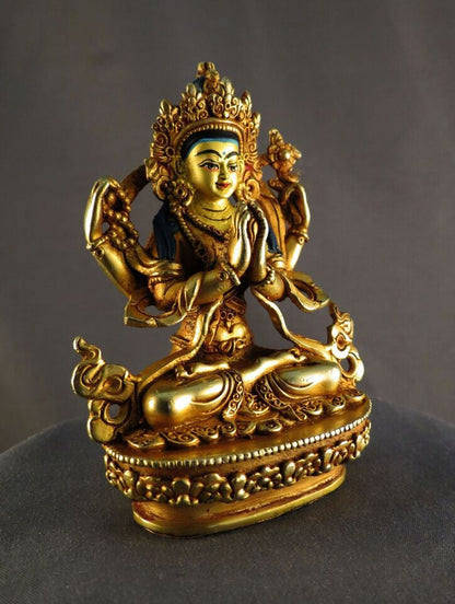 Tibetan Buddhism Gold Face Hand Paint Lord Chenrezig Khacheri Copper Gold Plated Statue Figure Nepal