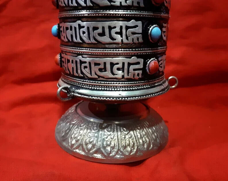 Buddhism Om Mani Padme Hum Mantra 8" Oxide Copper Brass Handmade Offering Prayer Wheel Nepal