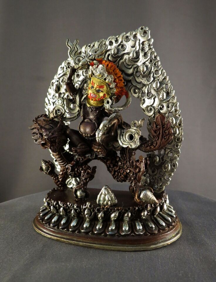 Tibetan Buddhism Copper Silver Oxide Gold Face Wealth God Zambala Jambhala Statue Figure Nepal