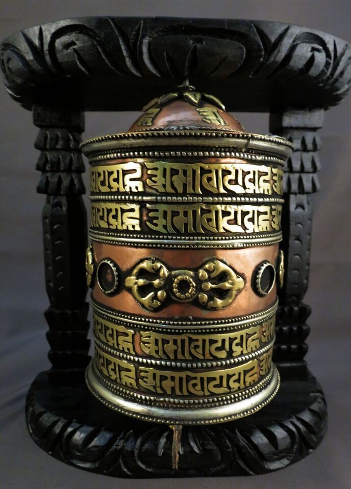 Buddhism Om Mantra Spirituality Offering Wooden Craved Frame Copper Brass Offering Prayer Wheel Nepal