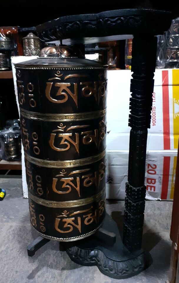 Tibetan Om Mani Padme Hum Mantra 35" Wooden Huge Wooden Frame Copper Offering Prayer Wheel Nepal