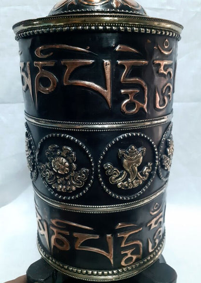 Tibetan Buddhism 8 Auspicious Sign Om Mantra Copper Brass Offering Wooden Craved Frame Prayer Wheel Nepal