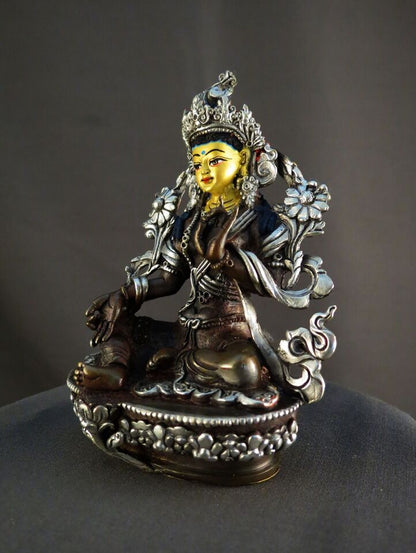 Tibetan Buddhism Gold Face Goddess Green Tara Rupa Silver Copper Oxide Statue Figure Nepal