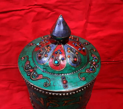 Tibetan Buddhism 8 Auspicious Sign Om Mantra Resin Stone Copper Brass Table Stand Prayer Wheel Nepal