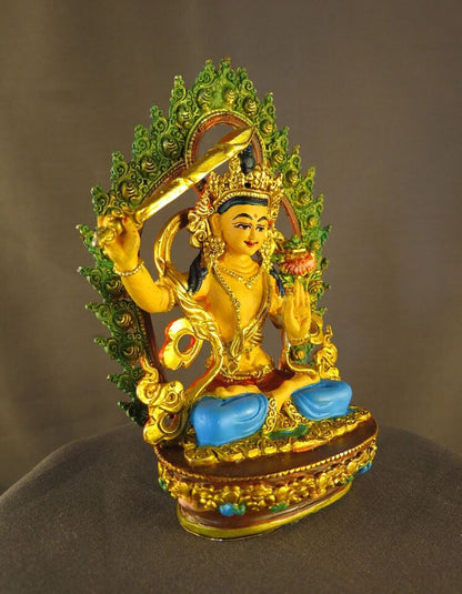 Buddhism Gold Plated Goddess Manjushri Hand Painting Copper Statue Figure Nepal