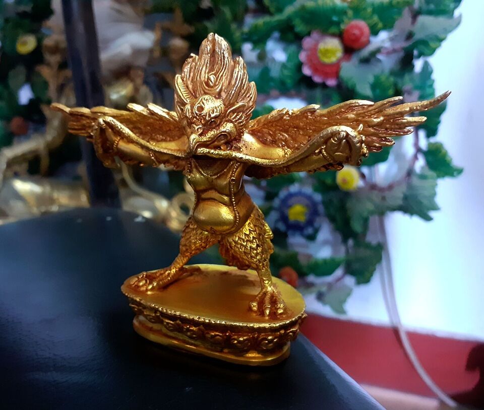 Tibetan Buddhism Gold Plated Garuda Bantej Eagle Copper Statue Figure Nepal